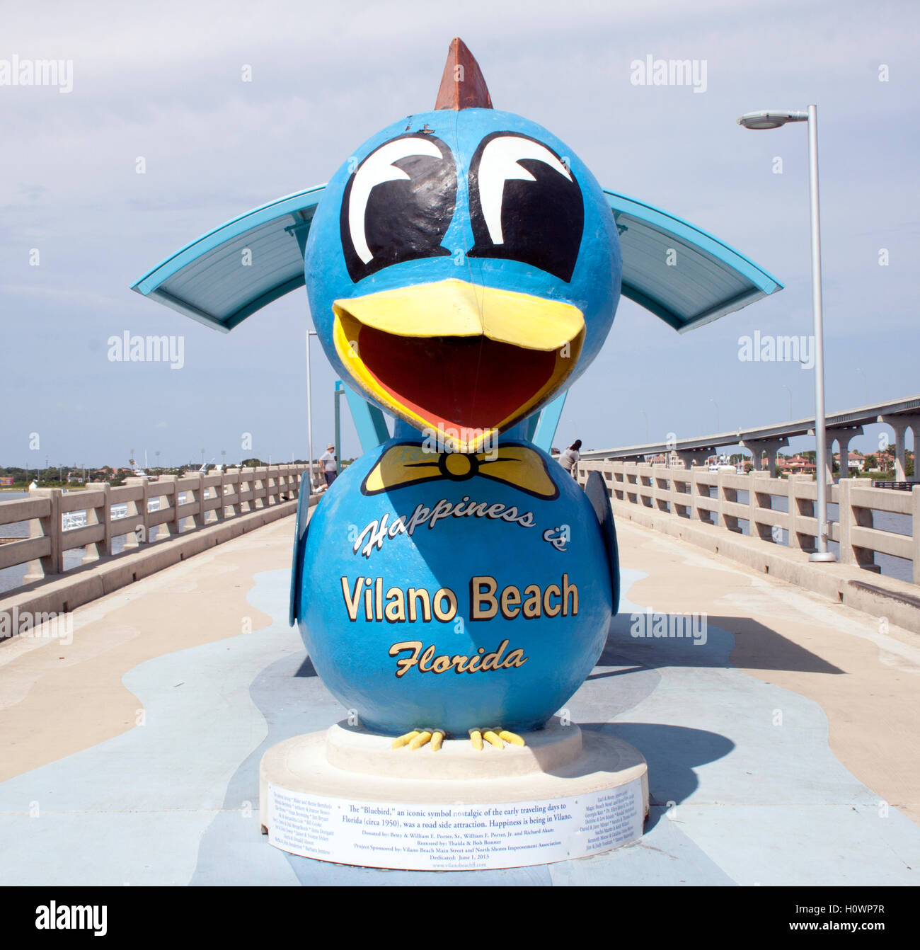 The Bluebird of Happiness in Vilano Beach, Florida, is a bright, whimsical landmark that adds charm and color to this coastal community. Stock Photo
