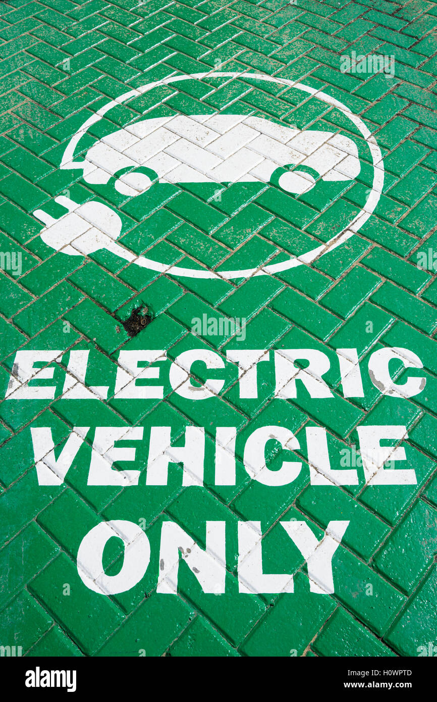Sign on parking bay at electric vehicle charging point Stock Photo