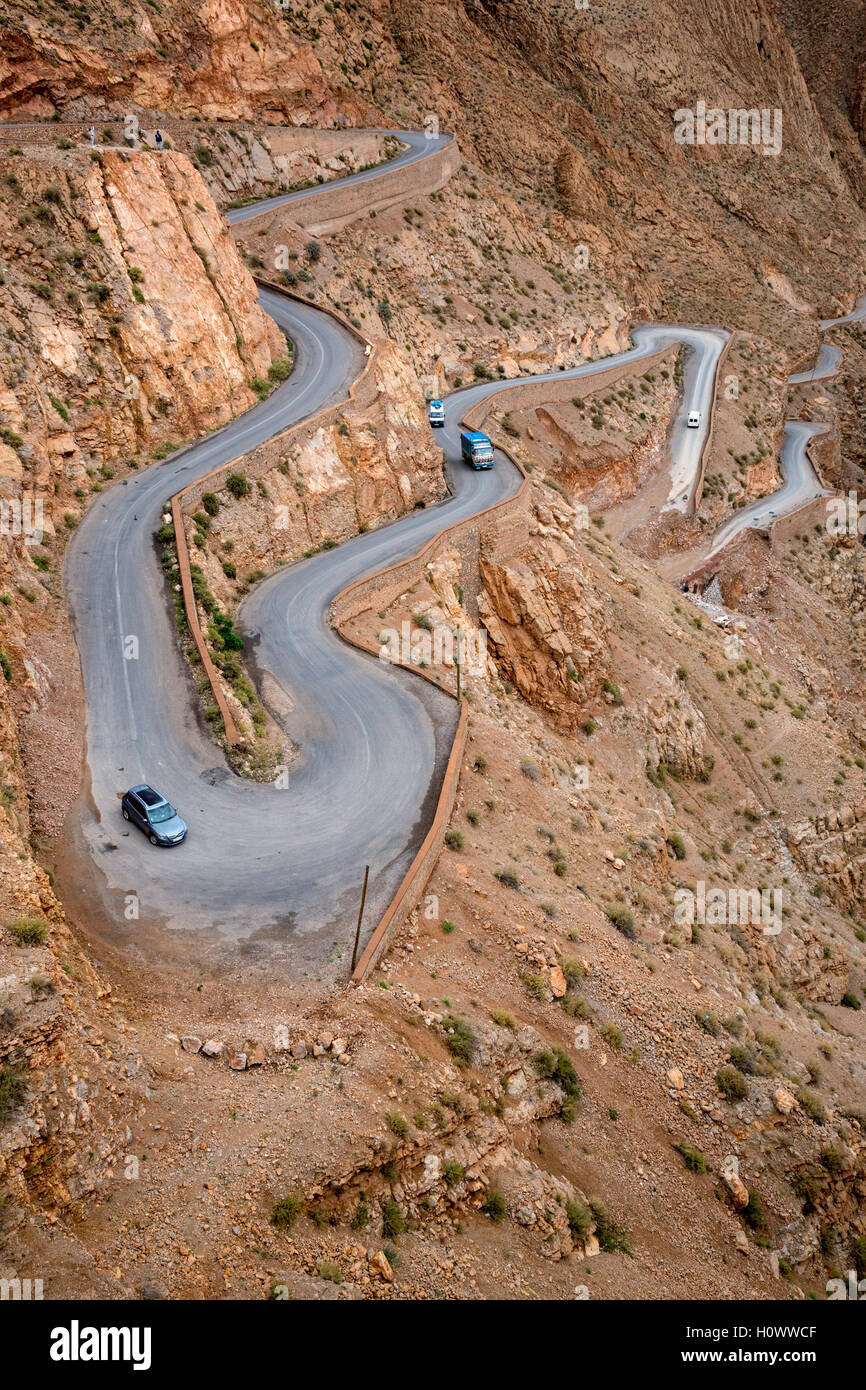 Dades Gorge, Morocco.  Hairpin Turns on Road Rising to Exit the Gorge. Stock Photo