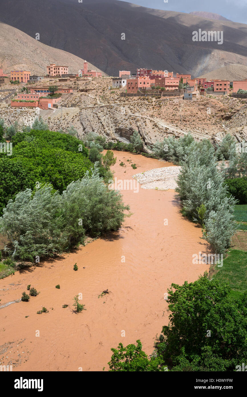Dades Gorge, Morocco.  Muddy Water in the Gorge from Heavy Rain in Upstream Area. Stock Photo