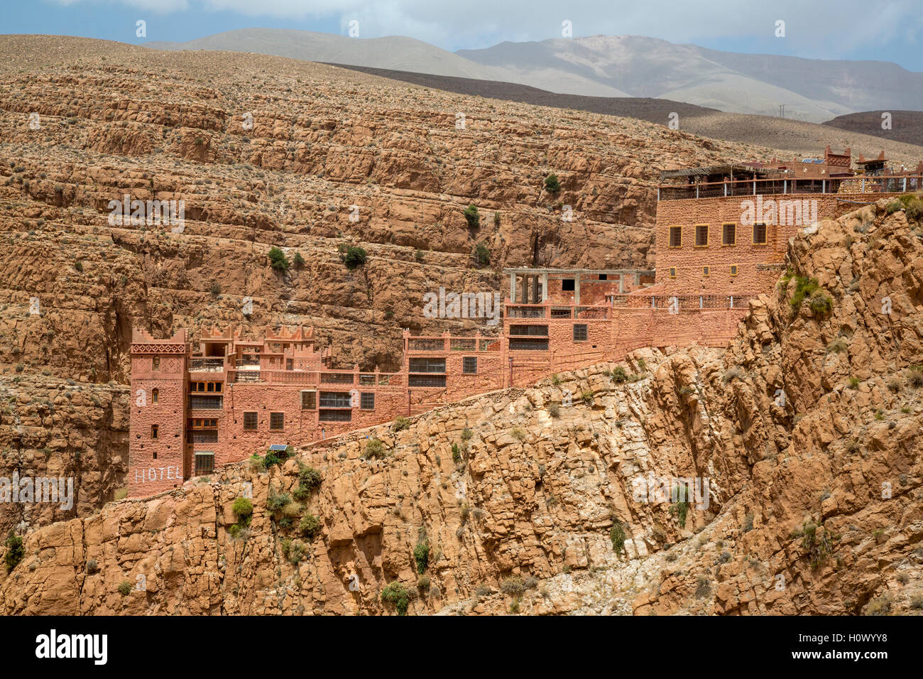 Dades Gorge, Morocco.  Hotel Timzzillite, at Summit leading out of the Gorge.  Note solar panel lower left. Stock Photo