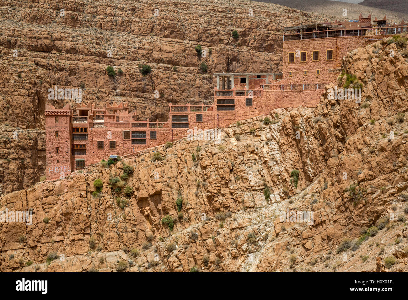 Dades Gorge, Morocco.  Hotel Timzzillite, at Summit leading out of the Gorge.  Note solar panel lower left. Stock Photo