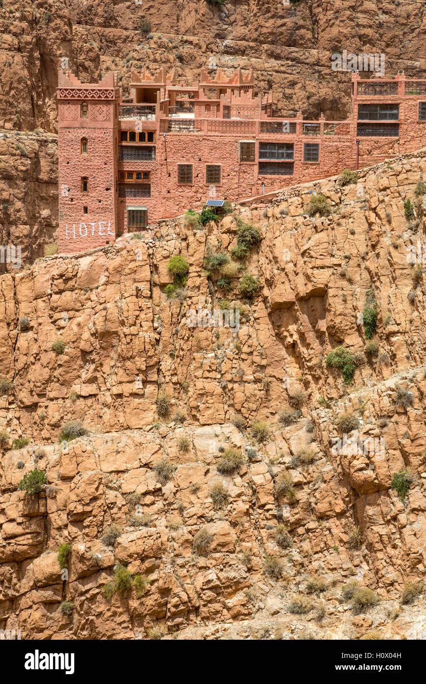 Dades Gorge, Morocco.  Hotel Timzzillite, at Summit leading out of the Gorge.  Note solar panel. Stock Photo