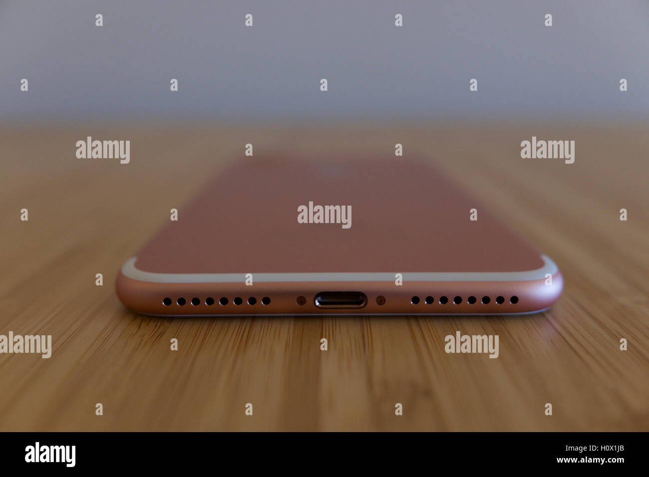 View of  iPhone 7 Plus Rose Gold. The iPhone 7 Plus is new smartphone produced by Apple Computer, Inc. Stock Photo