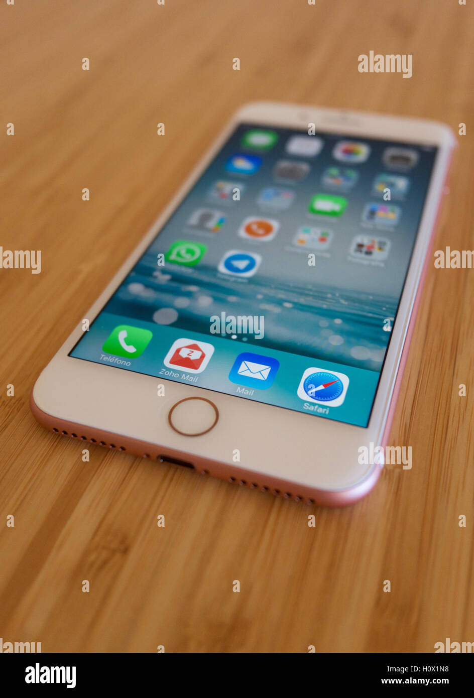 View of  iPhone 7 Plus Rose Gold. The iPhone 7 Plus is new smartphone produced by Apple Computer, Inc. Stock Photo