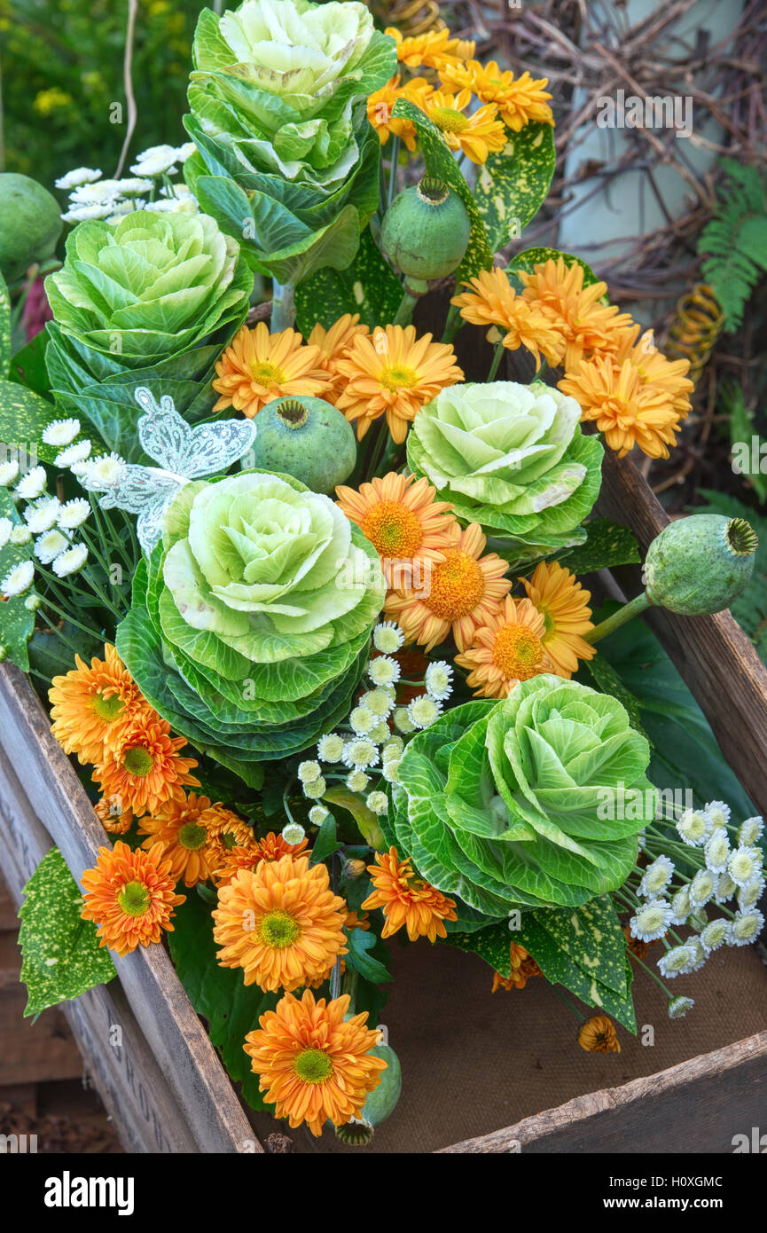 Wooden crate full of harvested vegetables and flowers at Harrogate autumn flower show. Harrogate  North Yorkshire, England Stock Photo