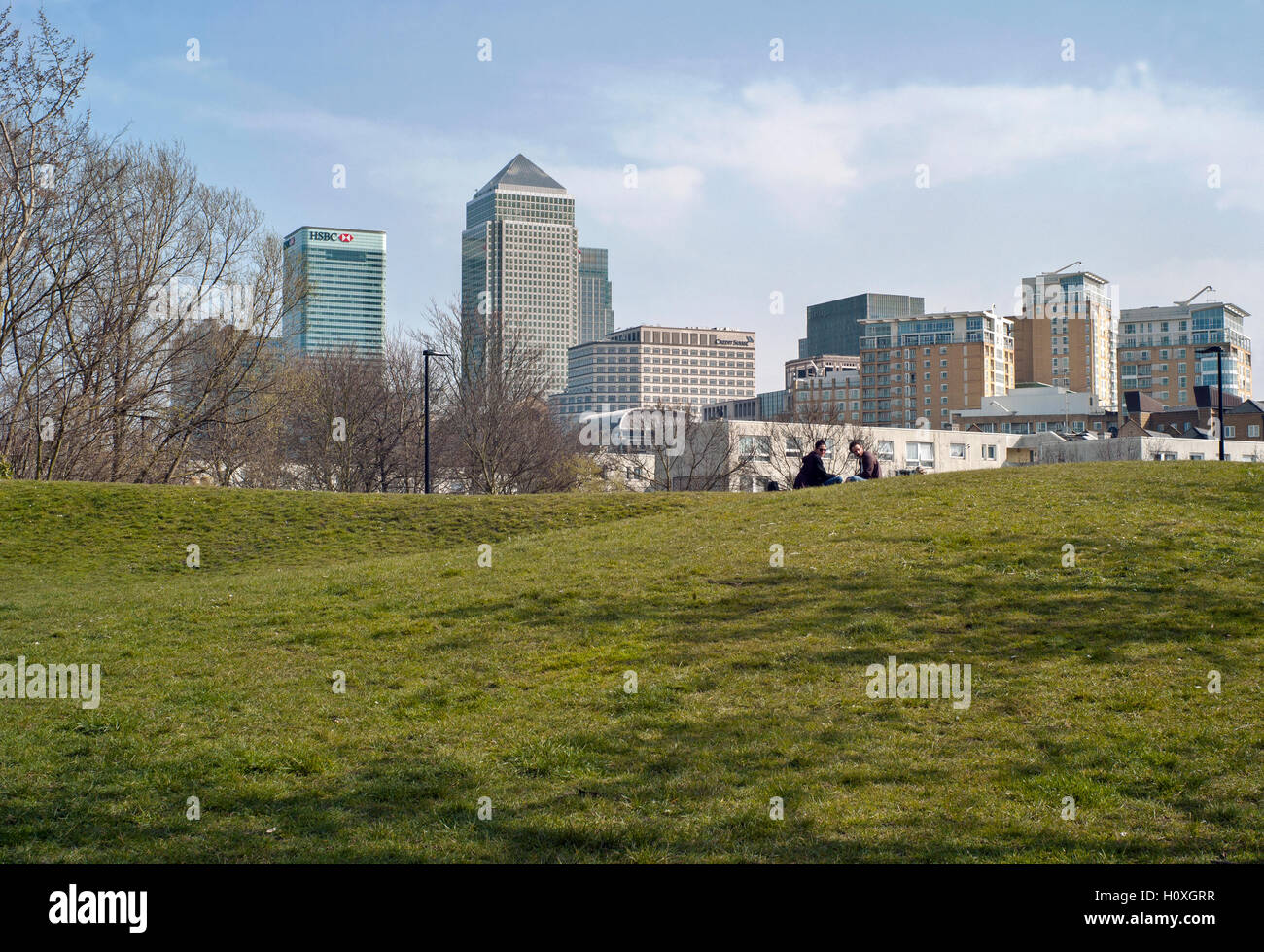 Canary Wharf, London as seen from a Park in Poplar London Stock Photo