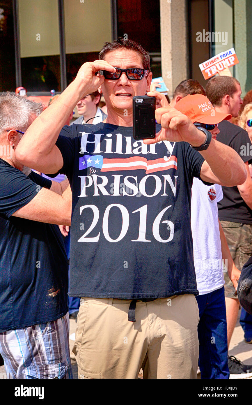 Pro-Trump supporter wearing a Lock -Her-Up Anti-Hillary t-shirt in Asheville, NC Stock Photo