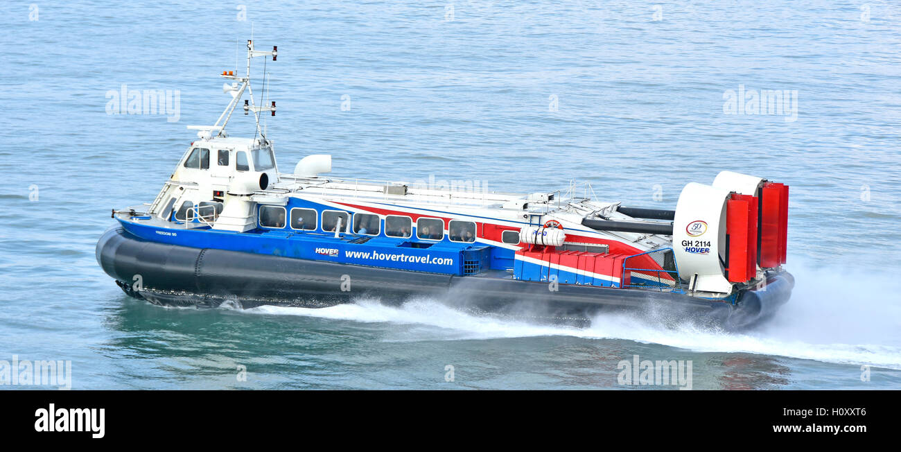 Looking down on Passenger hovercraft service Freedom 90 at speed operated by Hovertravel crossing Solent Portsmouth route to Isle of Wight England UK Stock Photo