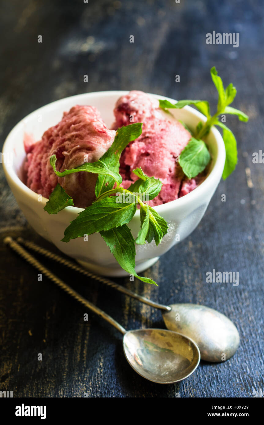 Fruit ice cream with fresh mint on rustic table Stock Photo Alamy