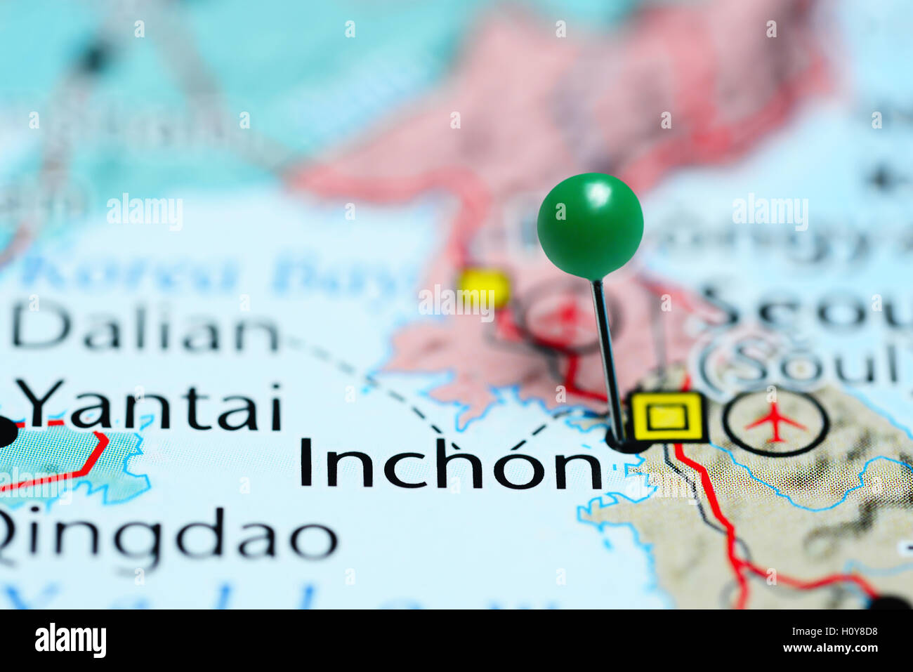 Inchon pinned on a map of South Korea Stock Photo