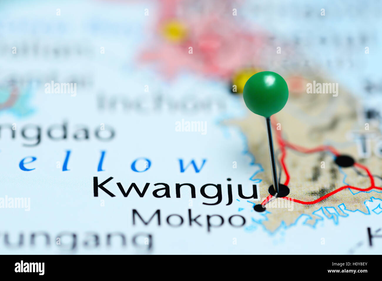 Kwangju pinned on a map of South Korea Stock Photo