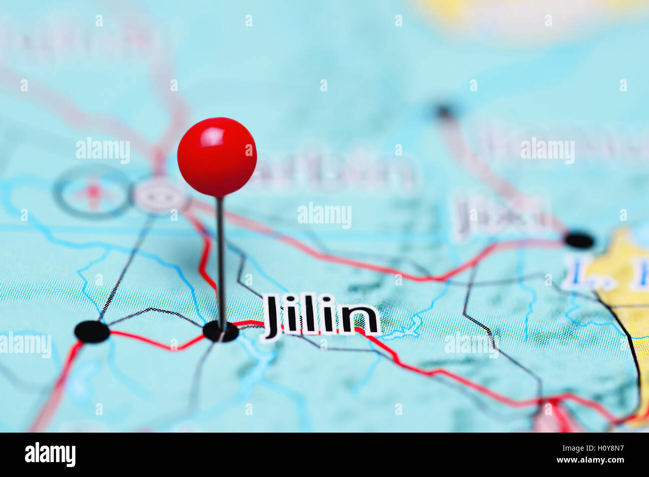 Jilin pinned on a map of China Stock Photo