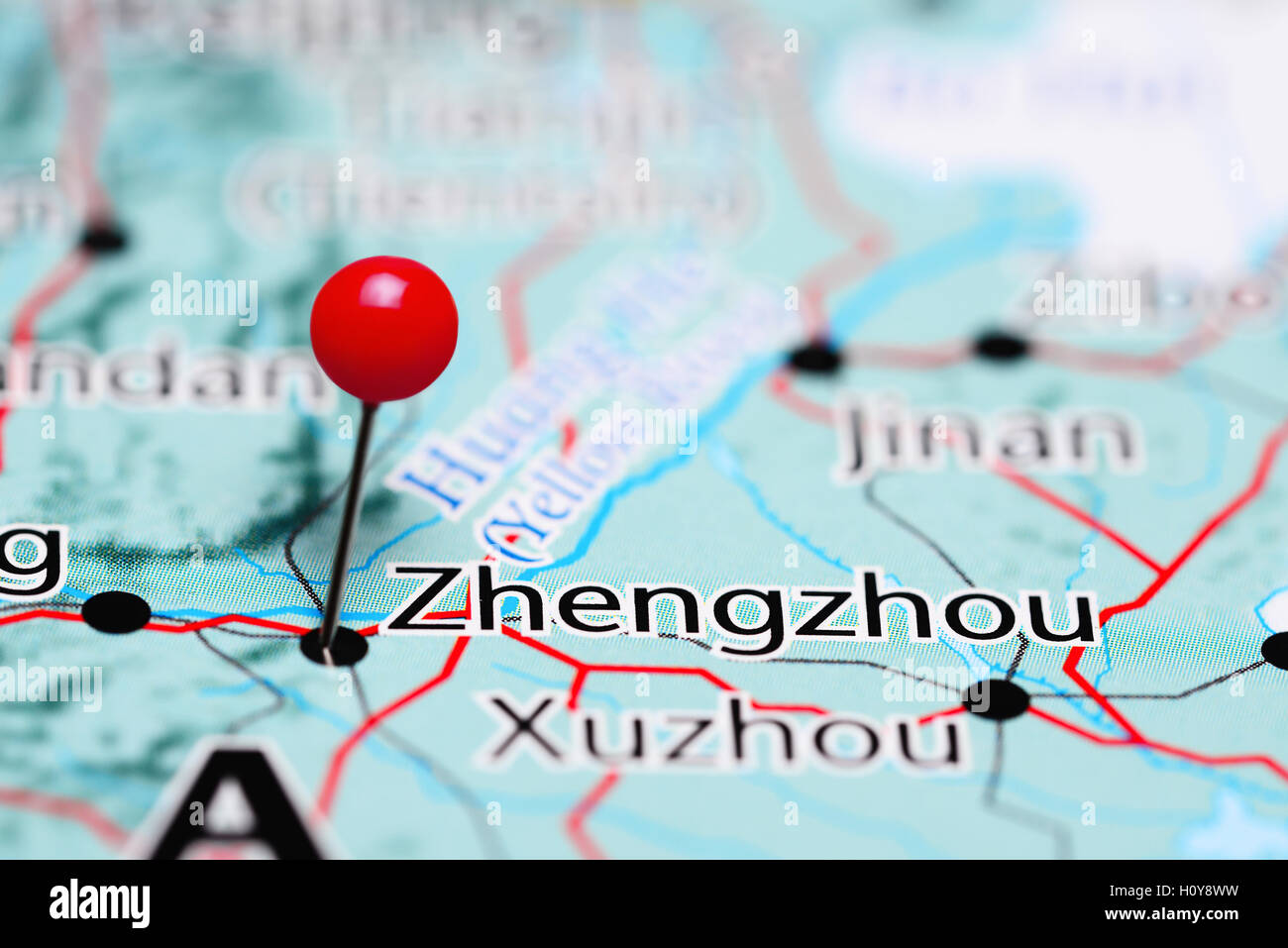 Zhengzhou pinned on a map of China Stock Photo