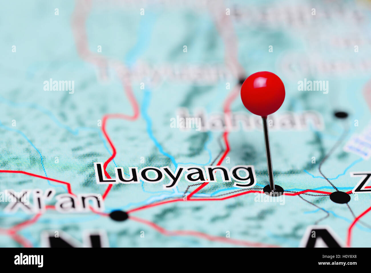 Luoyang pinned on a map of China Stock Photo