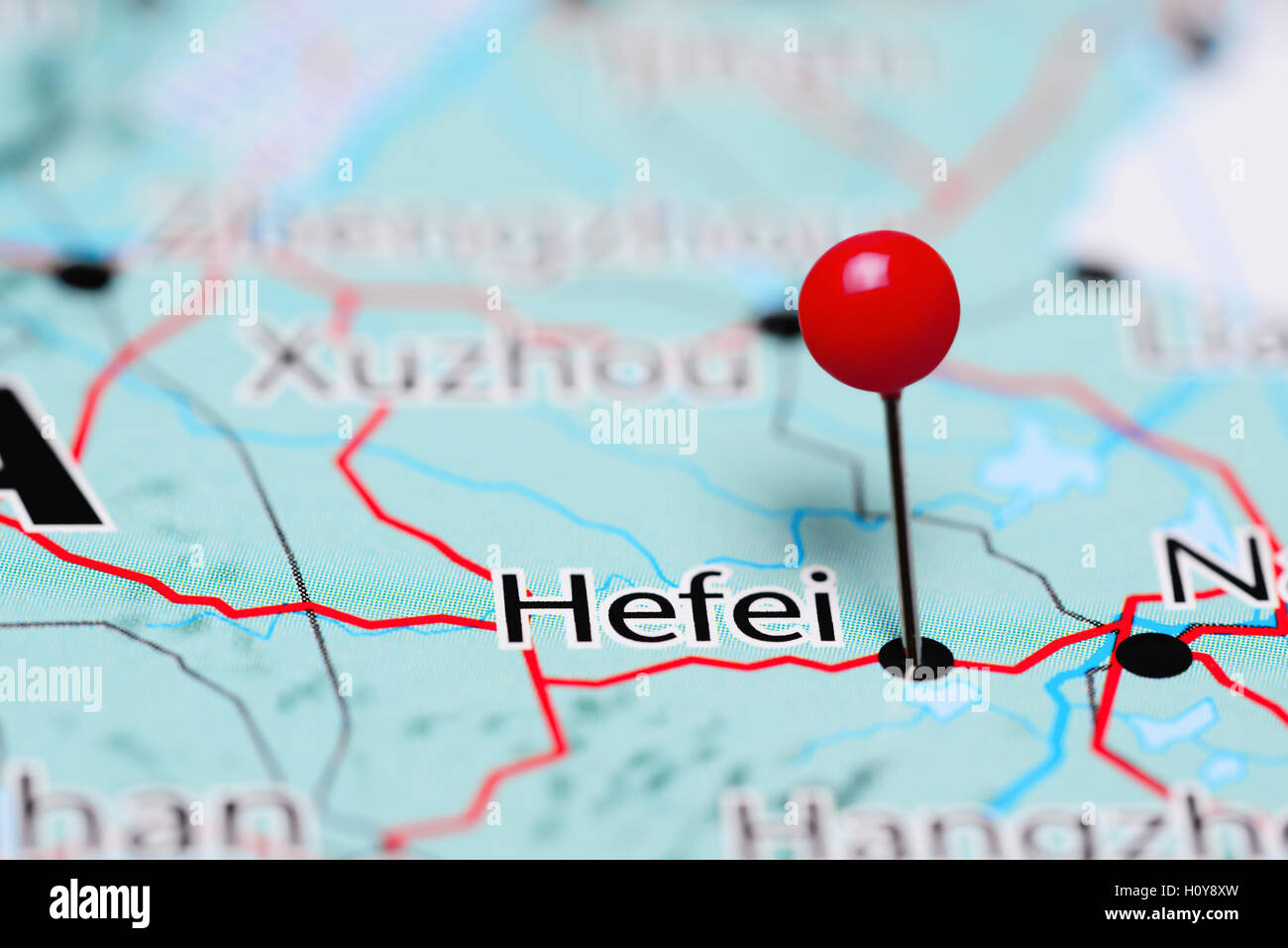 Hefei pinned on a map of China Stock Photo