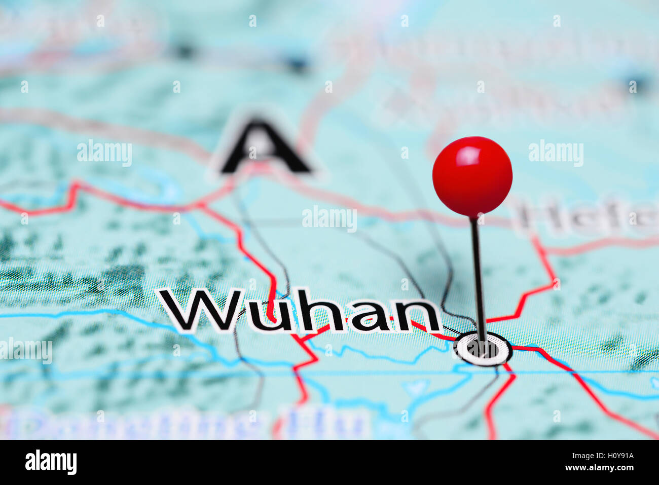 Wuhan pinned on a map of China Stock Photo
