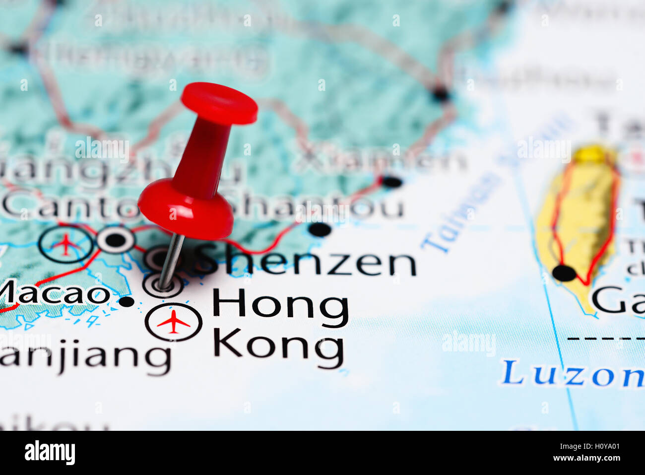 Hong Kong pinned on a map of China Stock Photo