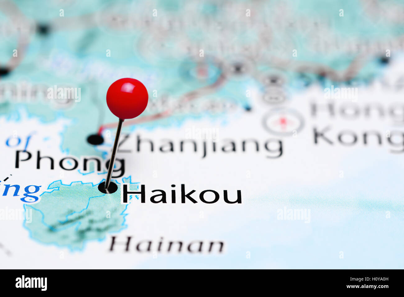 Haikou pinned on a map of China Stock Photo