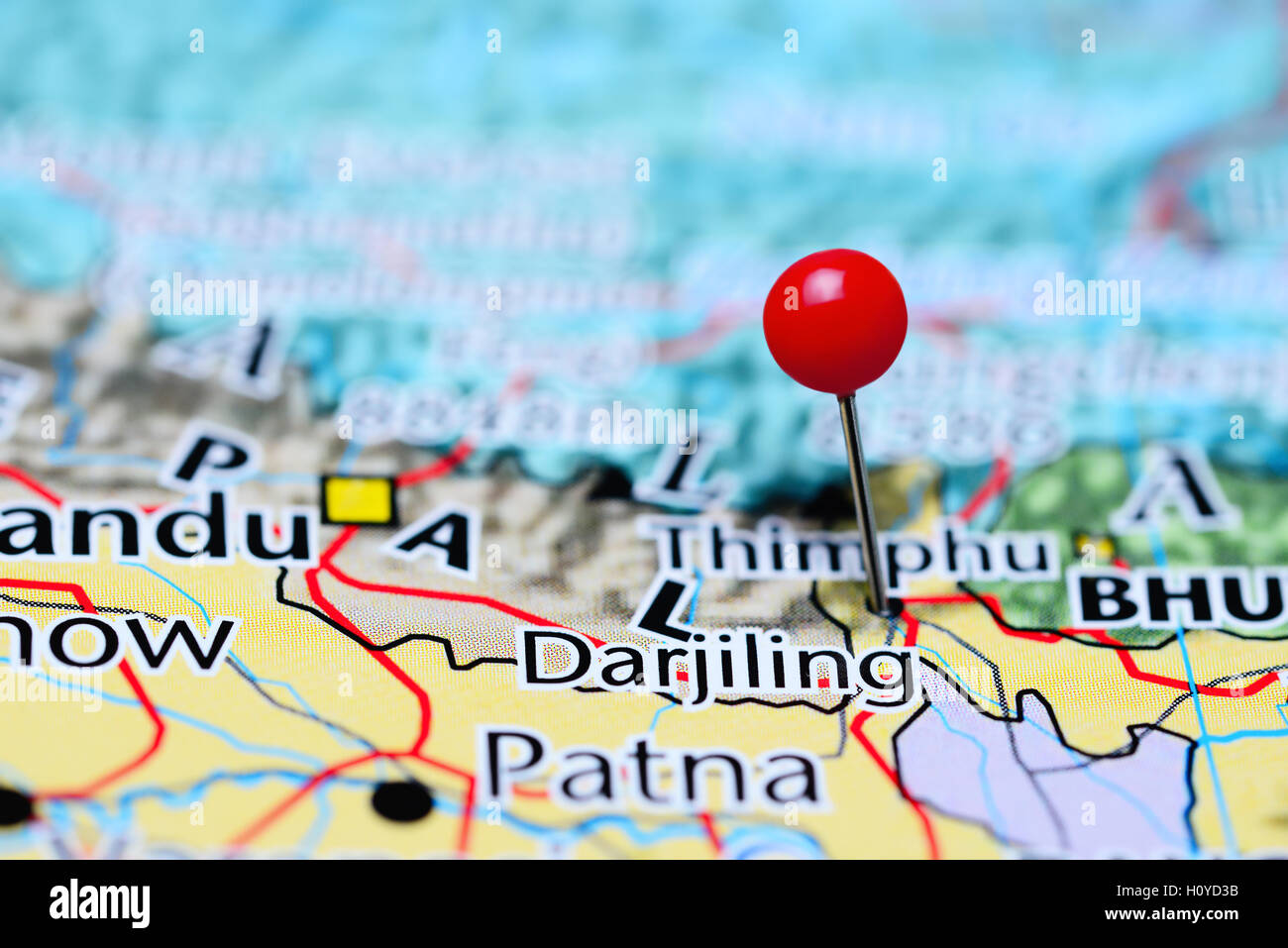 Darjiling pinned on a map of Nepal Stock Photo