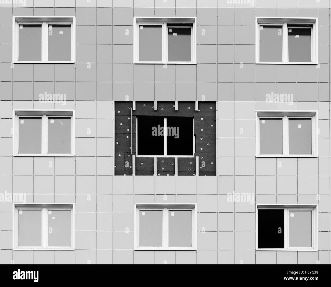 black and white photo windows in a newly built house. wall structure ...