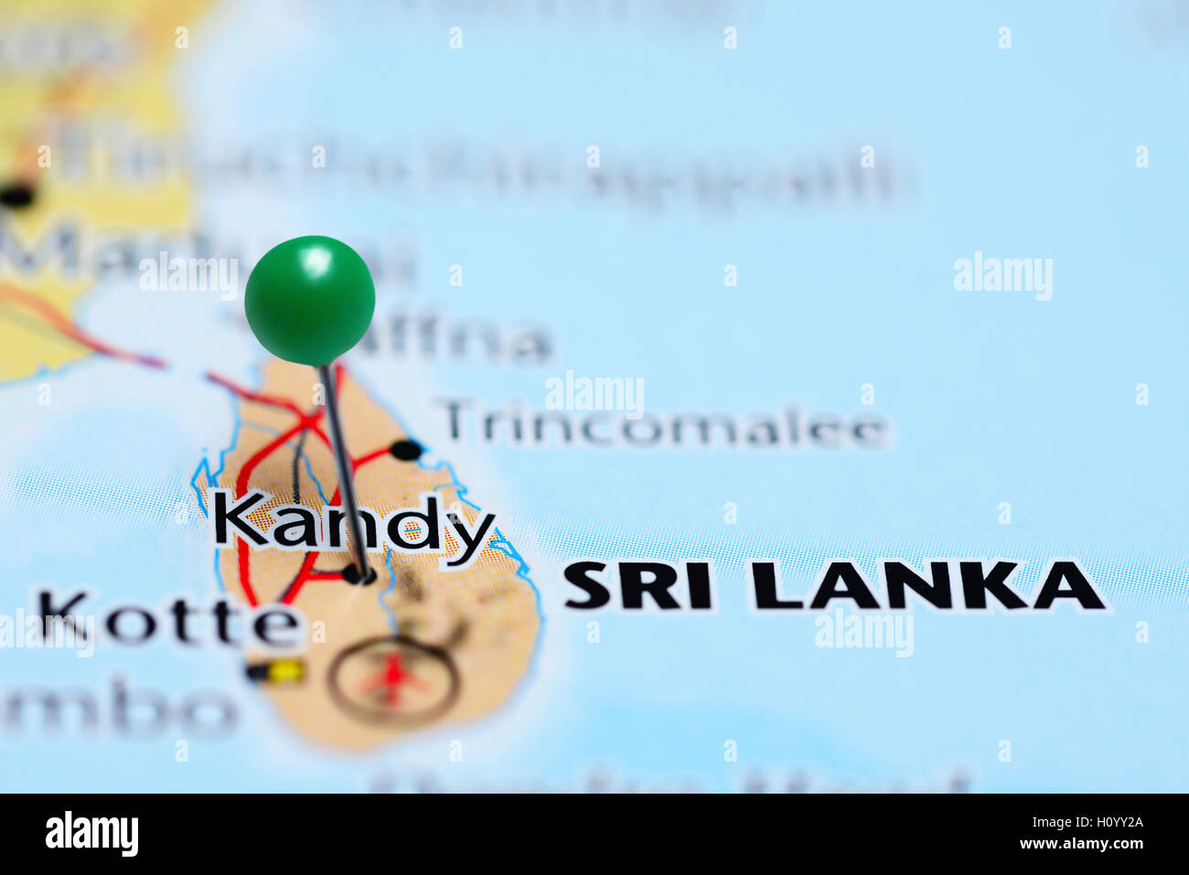 Kandy pinned on a map of Sri Lanka Stock Photo