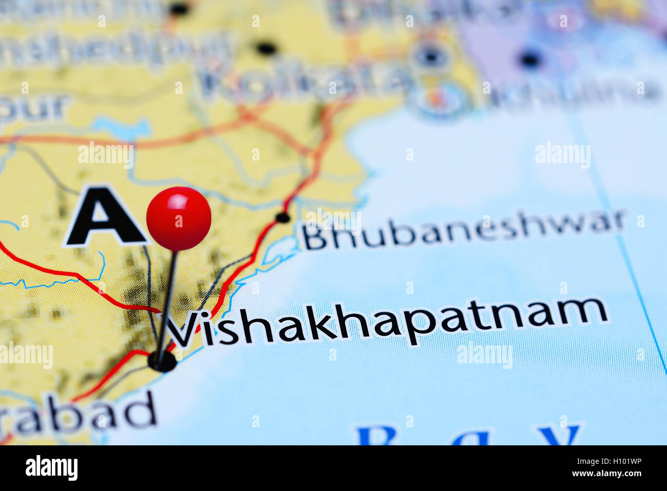 Vishakhapatnam pinned on a map of India Stock Photo