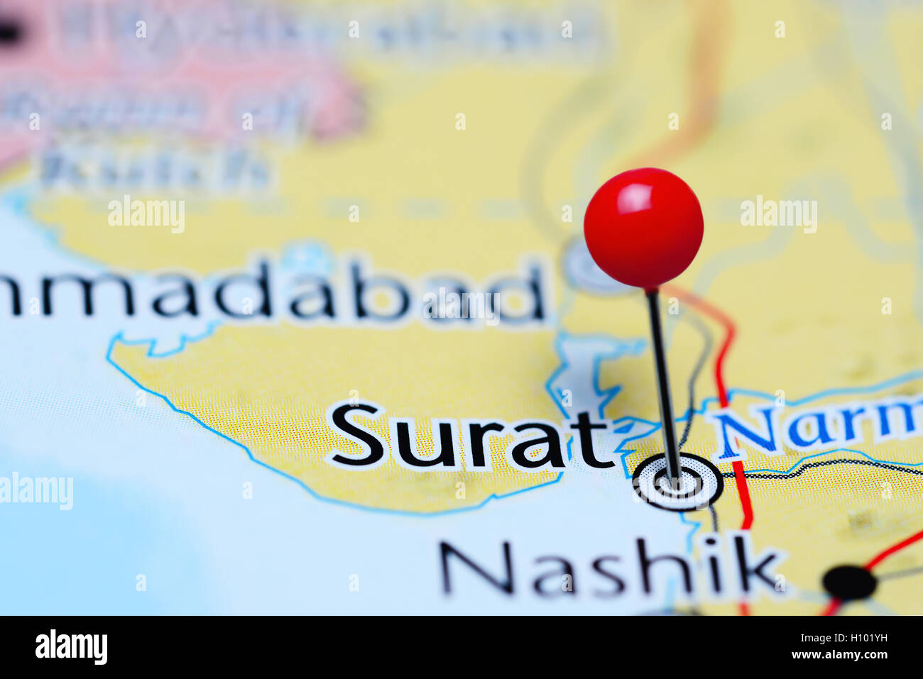 Surat pinned on a map of India Stock Photo