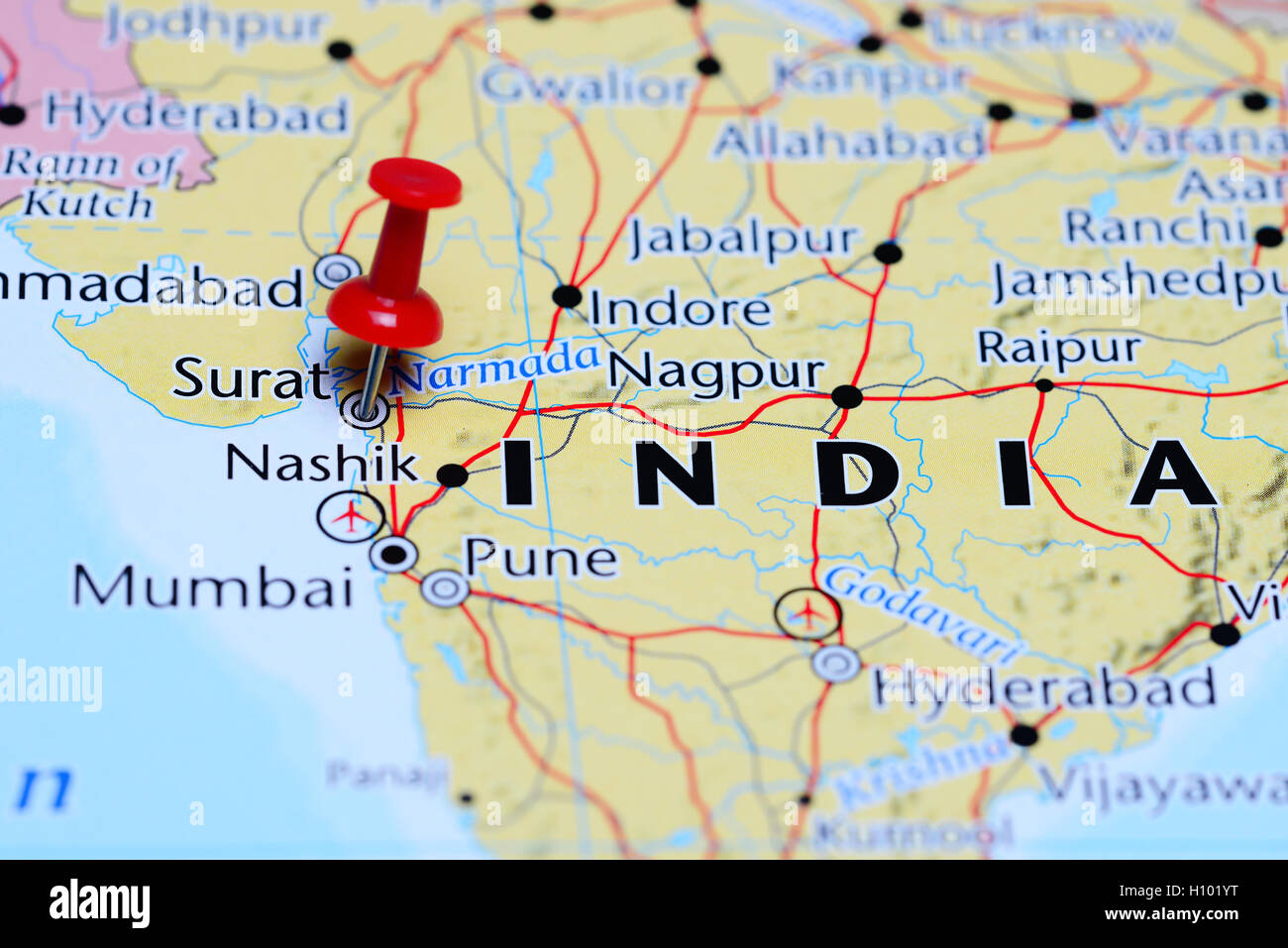 Surat pinned on a map of India Stock Photo