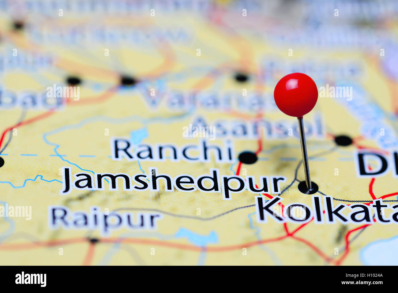 Jamshedpur pinned on a map of India Stock Photo