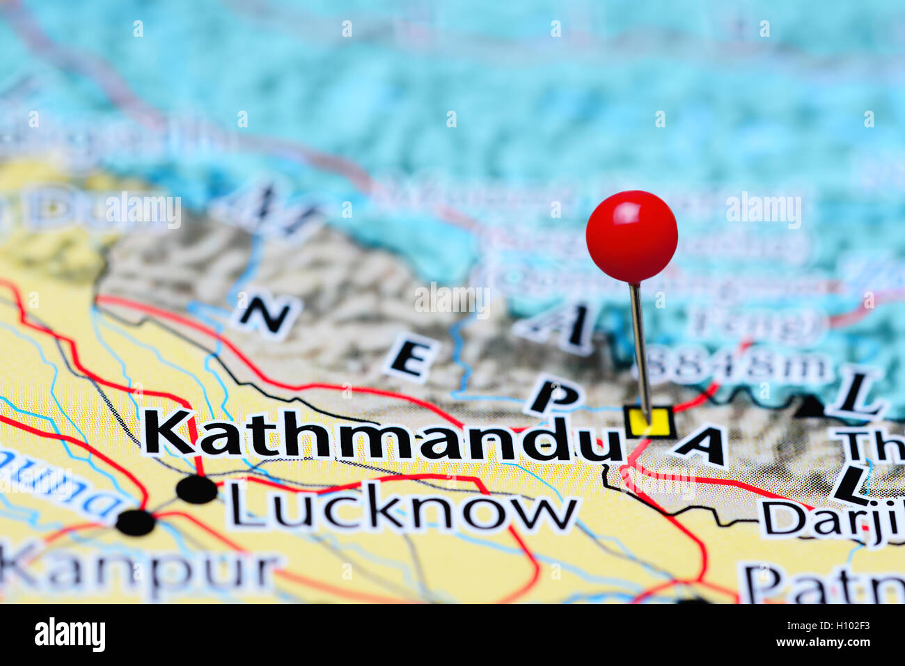 Kathmandu pinned on a map of Nepal Stock Photo