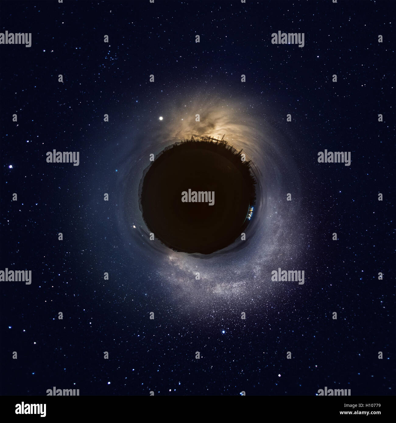 Little planet of night sky in mountains Stock Photo