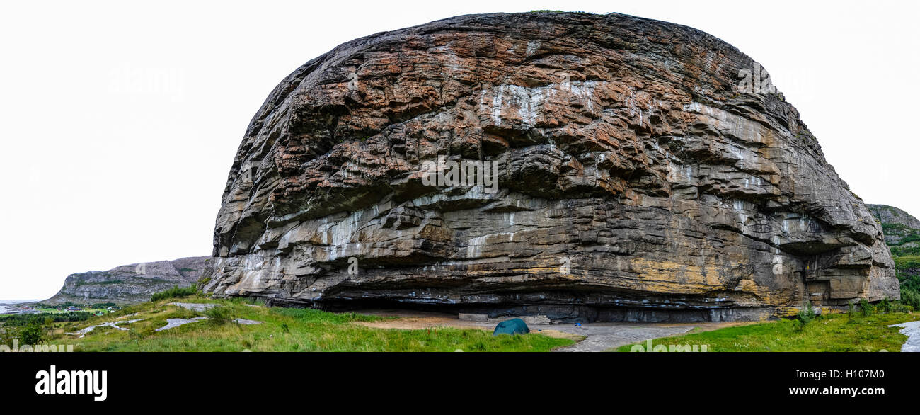 Norway, Sør-Trøndelag, Stokksund. Rock shelter on Harbak, popular among climbers. Stitched panorama. Stock Photo