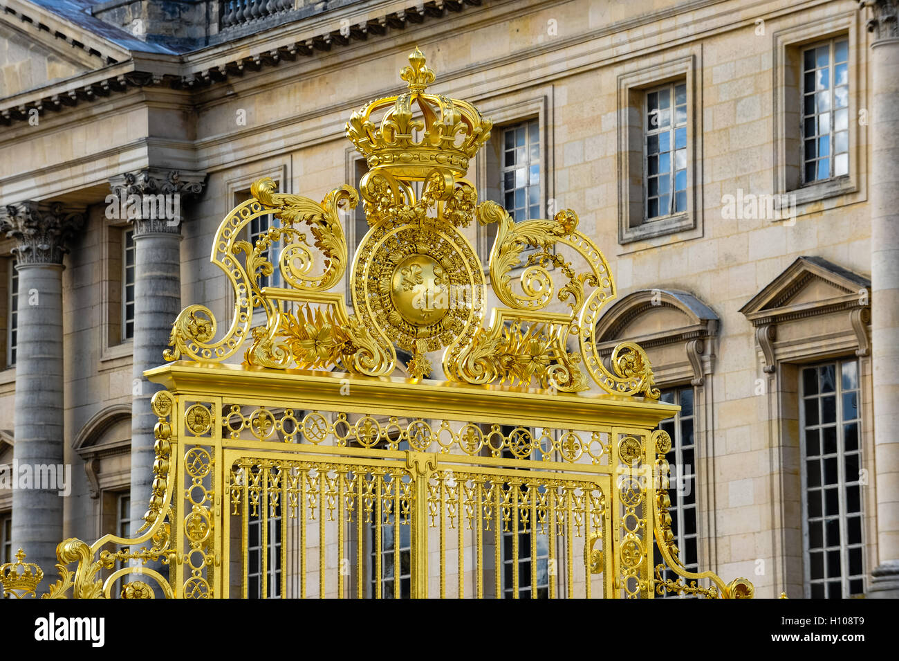 The Palace of Versailles, or simply Versailles, is a royal château close to Paris, France. Pavillon Gabriel in the background. Stock Photo