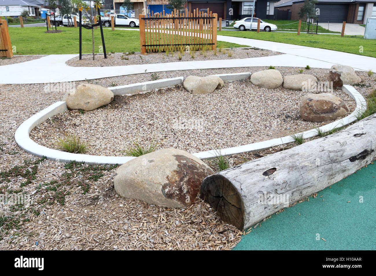 Play area for children at Megasaurus park Cranbourne East Melbourne Victoria Australia Stock Photo