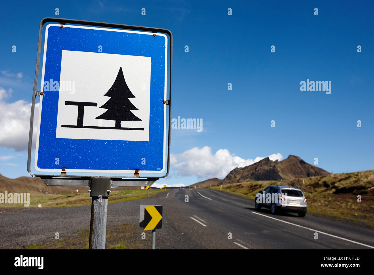 picnic area sign paintwork damaged by sand blast off route 1 near vik Iceland Stock Photo