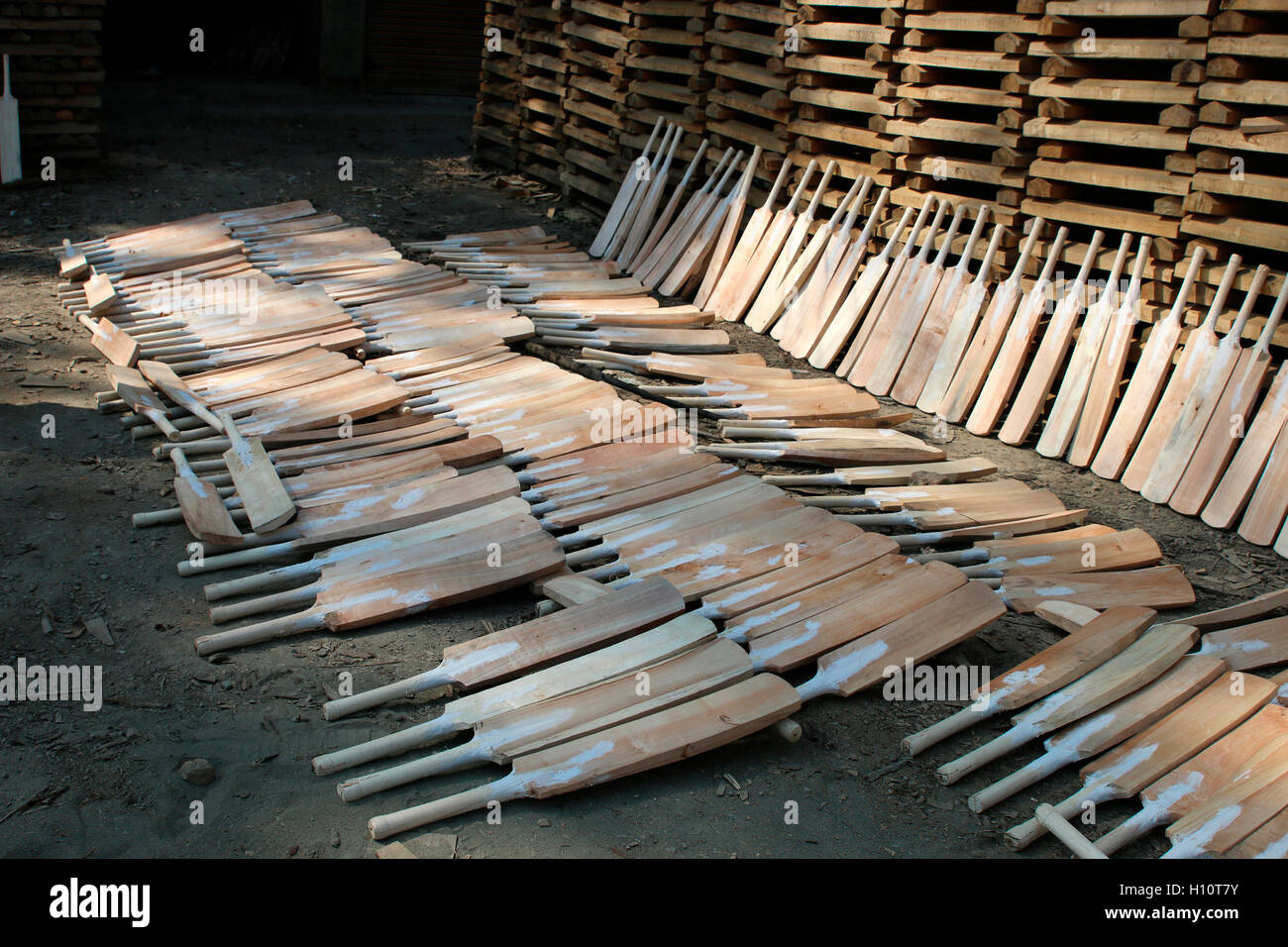 Woodwork - making bats for Cricket Stock Photo