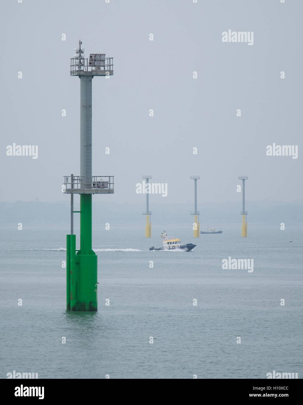 New navigation light piles in the Solent Stock Photo