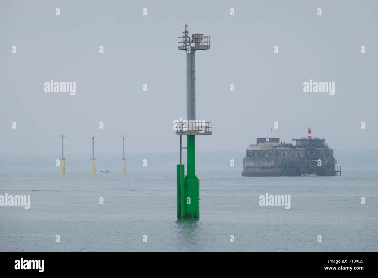 Navigation light piles have been installed in the Solent Stock Photo