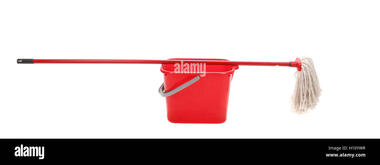 Red bucket with cleaning mop Stock Photo Alamy