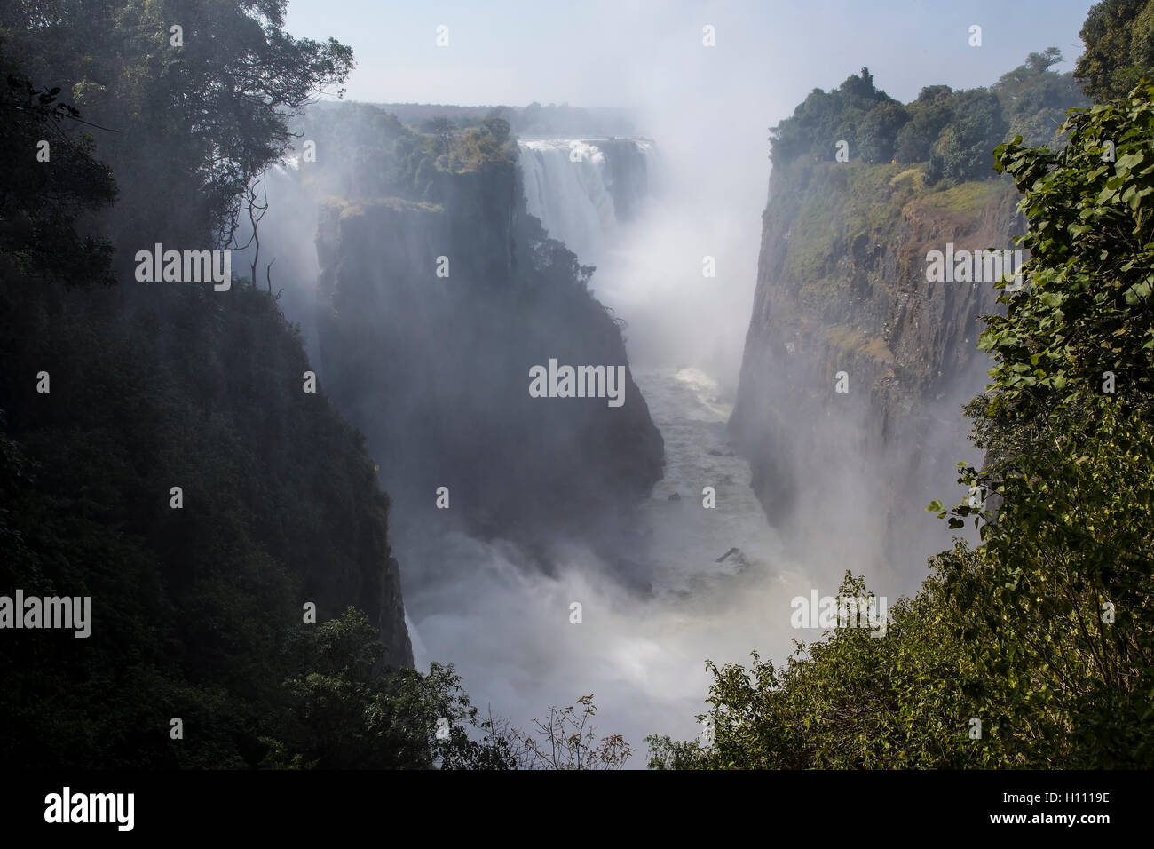 View of the narrow gorge of the Victoria Falls where the Zambezi plunges between Zambia and Zimbabwe Stock Photo