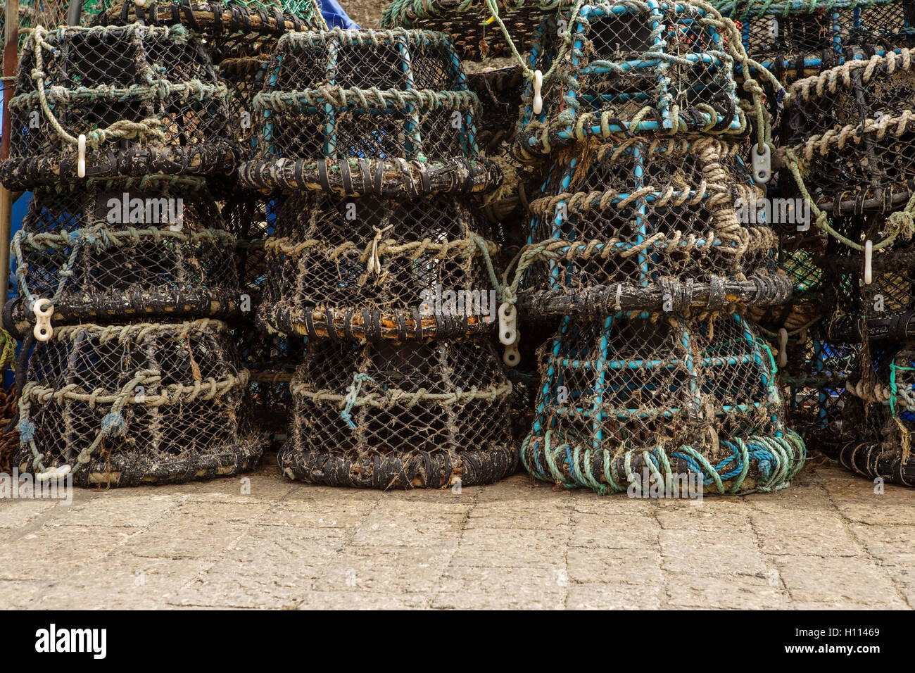 background image of many lobster fishing nets Stock Photo