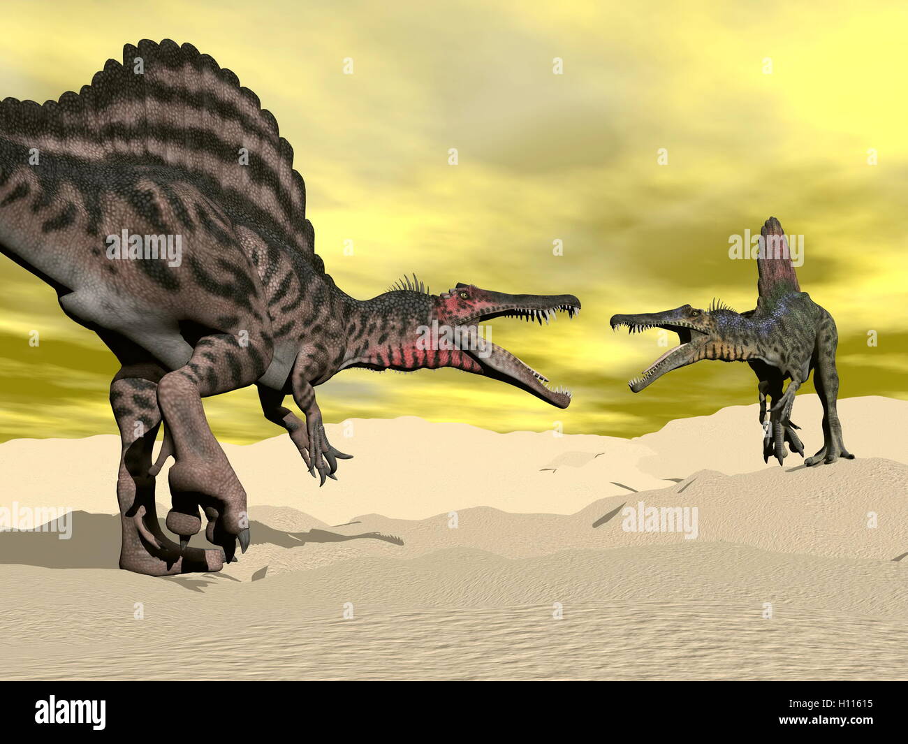 Spinosaurus dinosaur fighting - 3D render Stock Photo