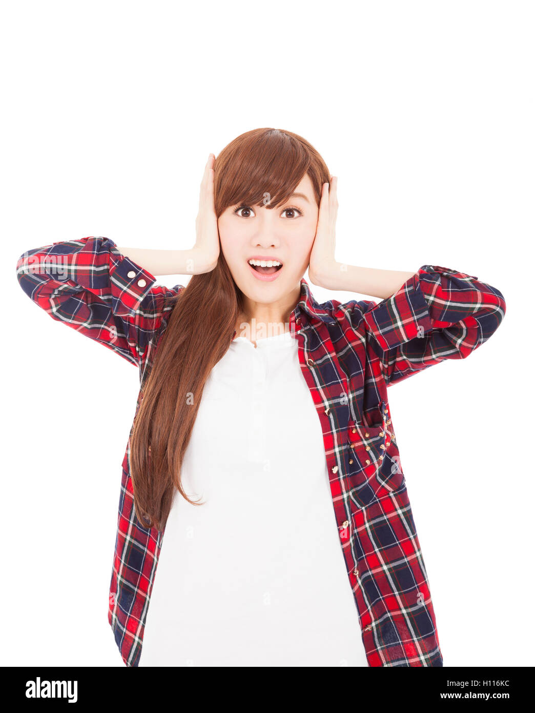 surprised beautiful girl holding her head Stock Photo Alamy