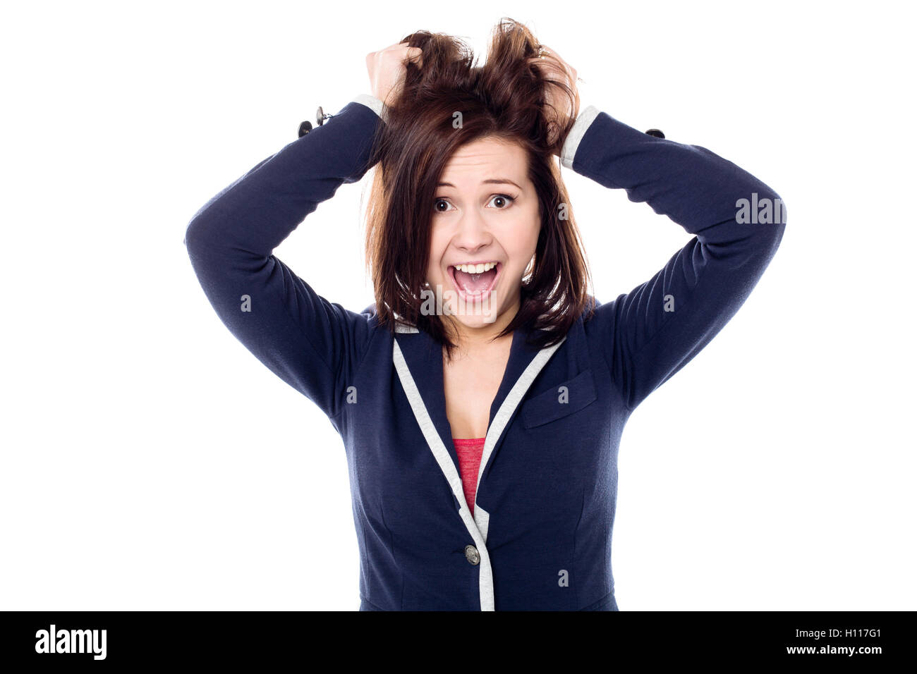 Young girl pulling her hair in excitement Stock Photo Alamy