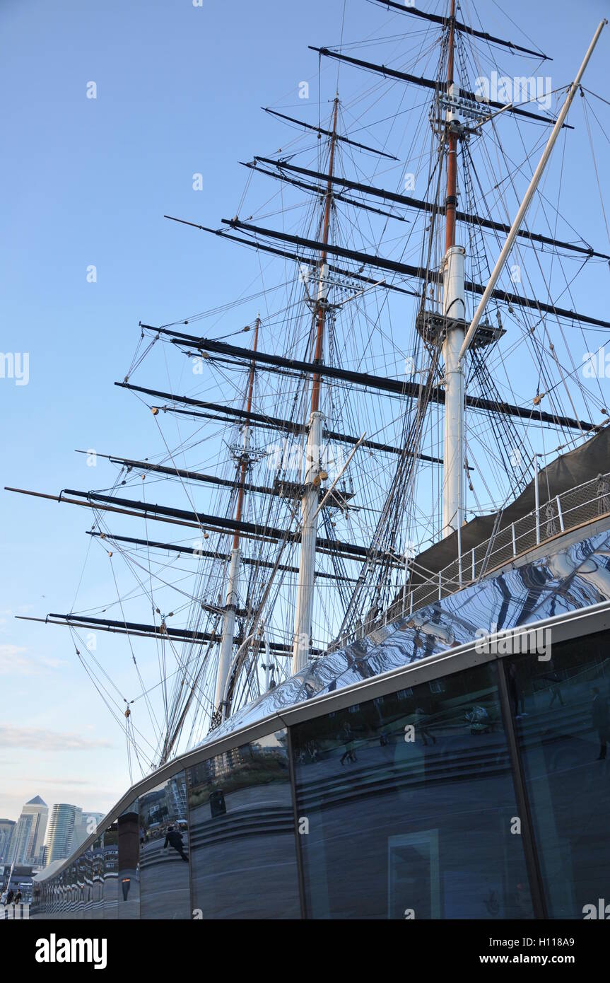 Photograph of the majestic 19th century tea clipper ship Cutty Sark displaying her masts. Greenwich London UK Stock Photo