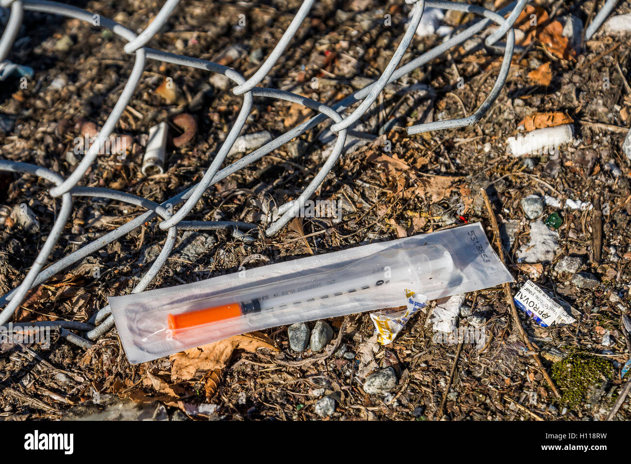 Discarded hypodermic needle, Vancouver, British Columbia, Canada, Stock Photo