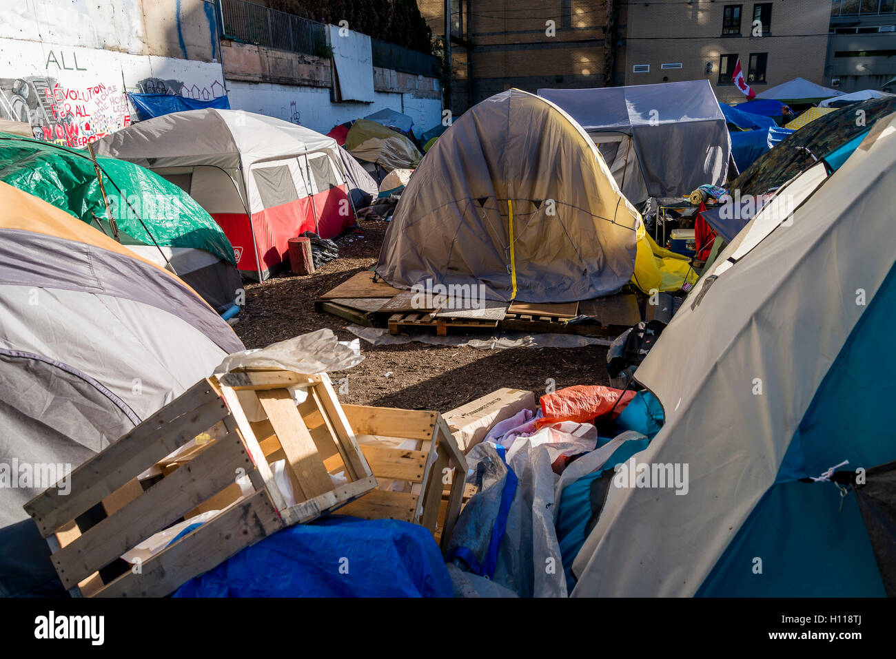 homelessness, downtown east side. DTES Hastings Street Tent City, Vancouver, British Columbia, Canada, Stock Photo
