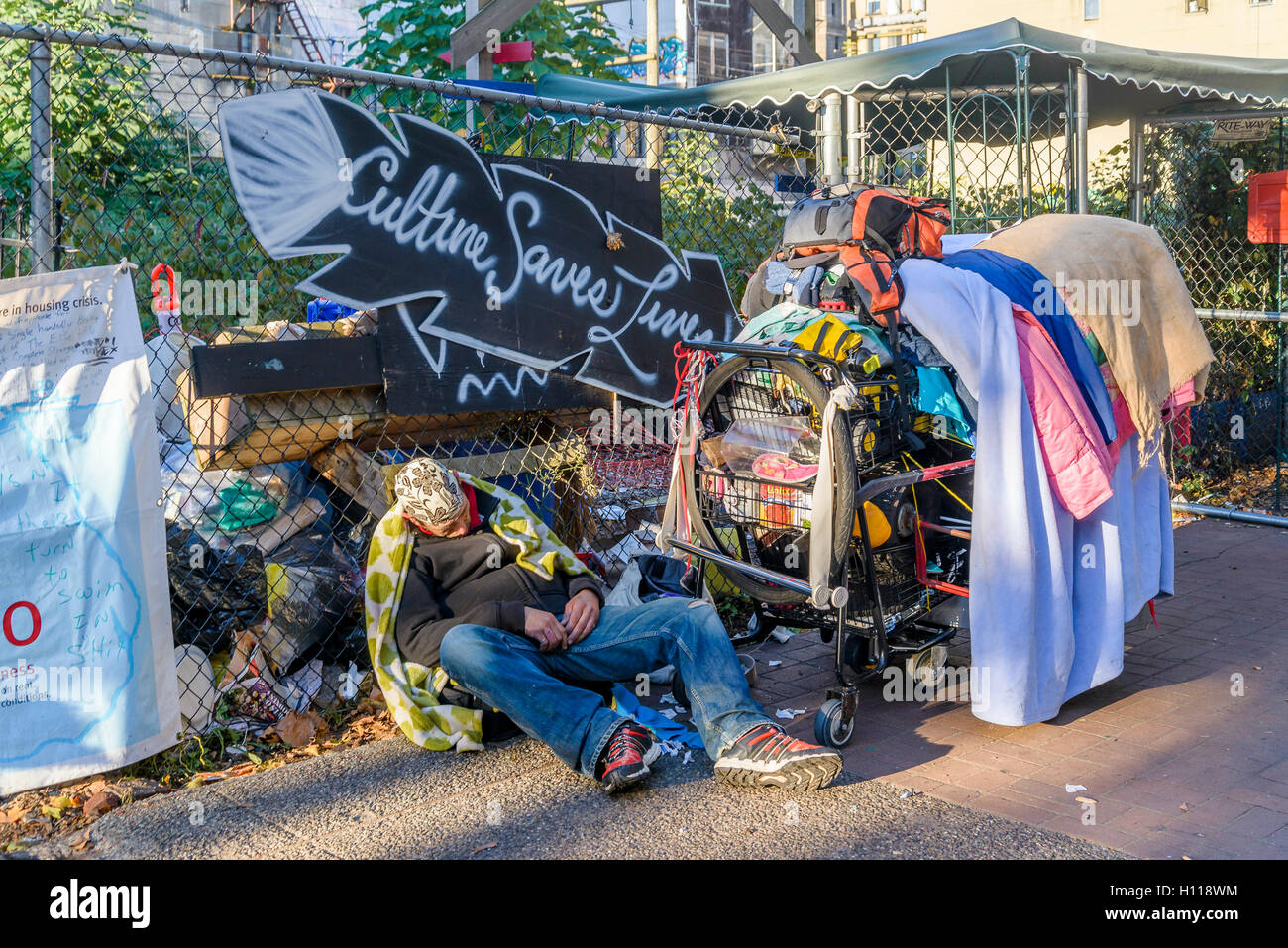 Homeless Man Sleeps By Dtes Hastings Street Tent City Vancouver British Columbia Canada Stock Photo Alamy