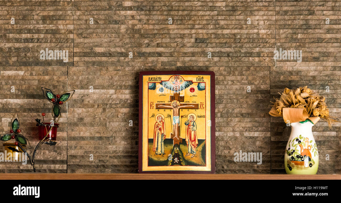 Wooden painted icon of Jesus Christ crucifiction Stock Photo